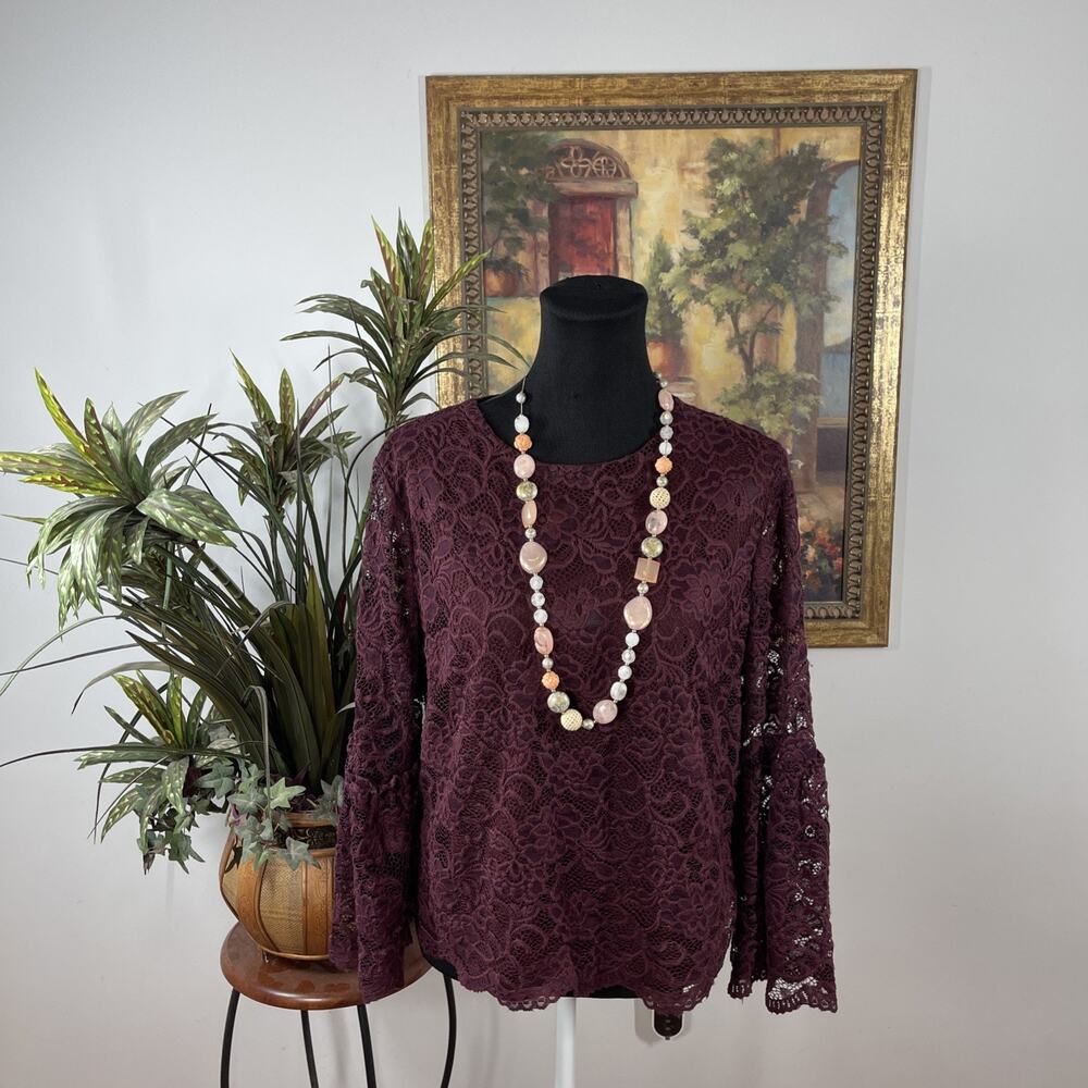 Worthington Burgundy Lace Blouse Women Size L Bell Sleeve Sheer Overlay Top Y2K
